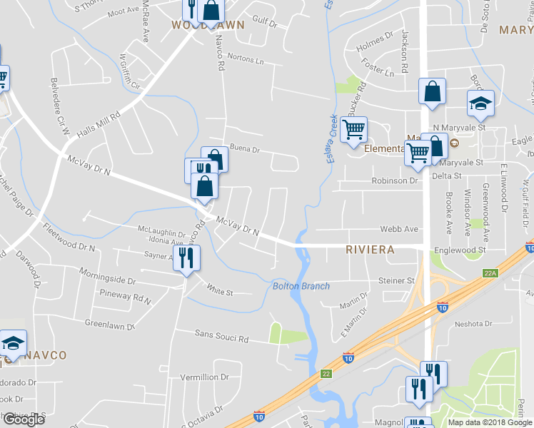 map of restaurants, bars, coffee shops, grocery stores, and more near 1367 West Riviera Drive in Mobile