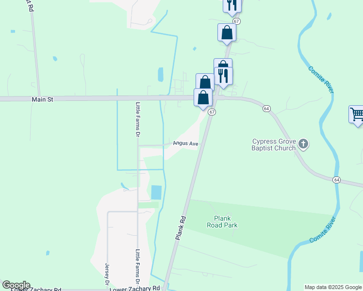 map of restaurants, bars, coffee shops, grocery stores, and more near 9352 Angus Avenue in Zachary