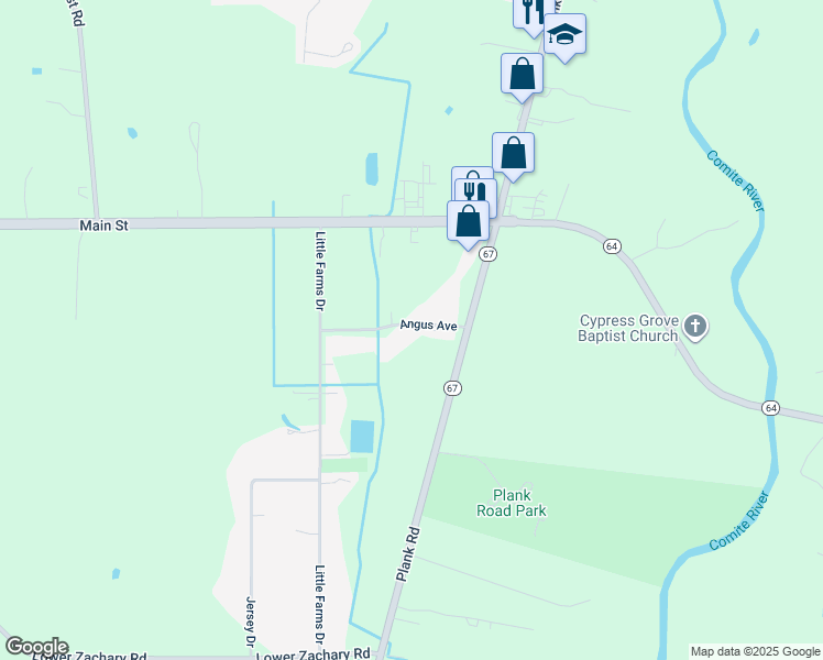 map of restaurants, bars, coffee shops, grocery stores, and more near 9352 Angus Avenue in Zachary