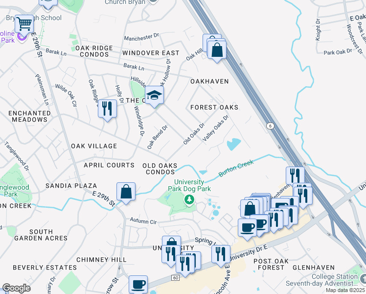 map of restaurants, bars, coffee shops, grocery stores, and more near 3808 Valley Oaks Drive in Bryan