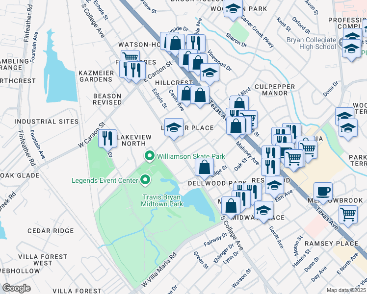 map of restaurants, bars, coffee shops, grocery stores, and more near 106 Waverly Drive in Bryan
