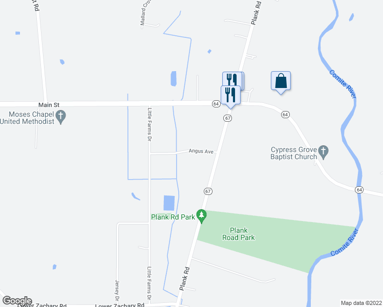 map of restaurants, bars, coffee shops, grocery stores, and more near 9352 Angus Avenue in Zachary