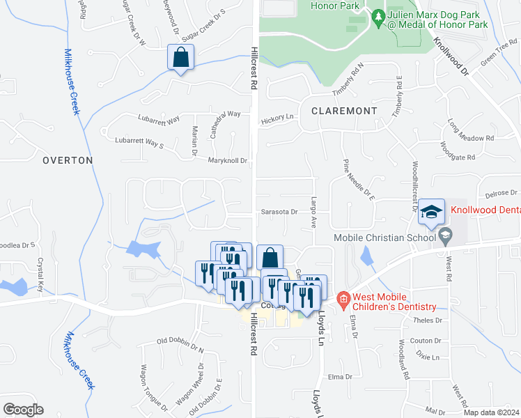 map of restaurants, bars, coffee shops, grocery stores, and more near 6354 Sarasota Drive in Mobile