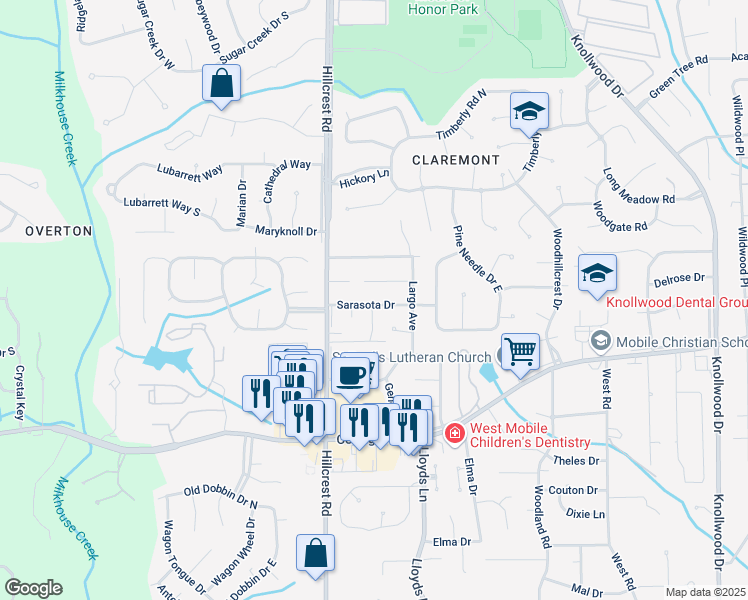 map of restaurants, bars, coffee shops, grocery stores, and more near 6262 Sarasota Drive in Mobile