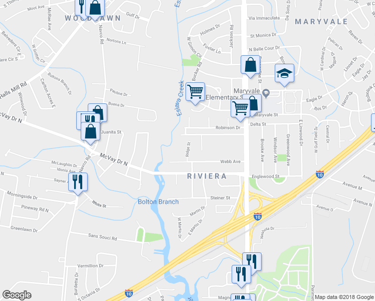 map of restaurants, bars, coffee shops, grocery stores, and more near 1362 Ridge Street in Mobile