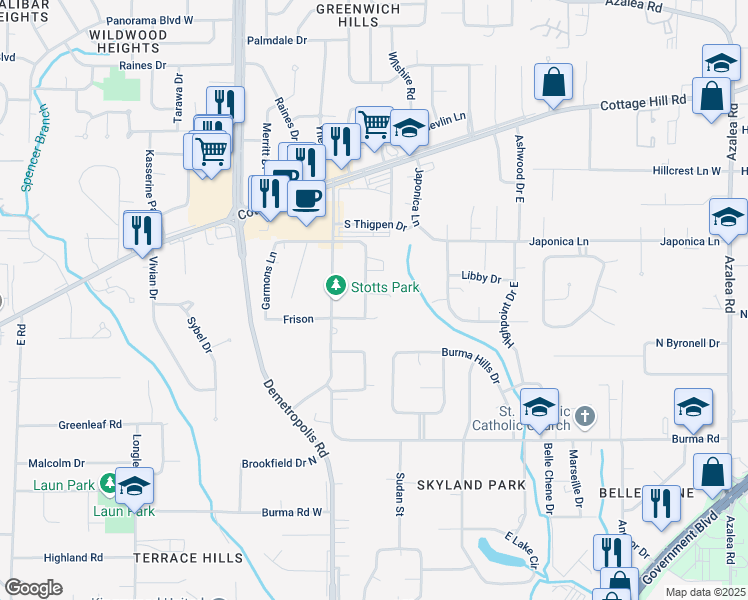 map of restaurants, bars, coffee shops, grocery stores, and more near 2135 Youngs Lane in Mobile