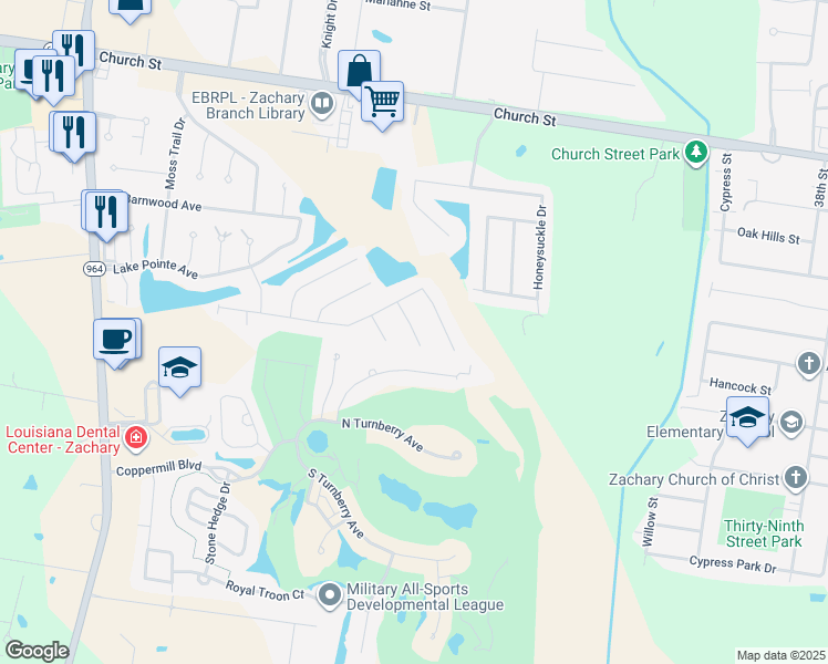 map of restaurants, bars, coffee shops, grocery stores, and more near 4058 Driftwood in Zachary