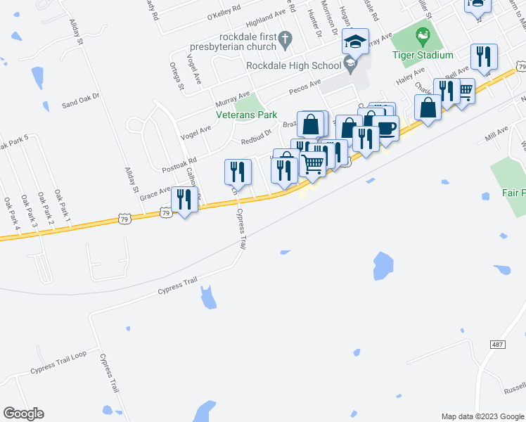 map of restaurants, bars, coffee shops, grocery stores, and more near 1819 West Cameron Avenue in Rockdale