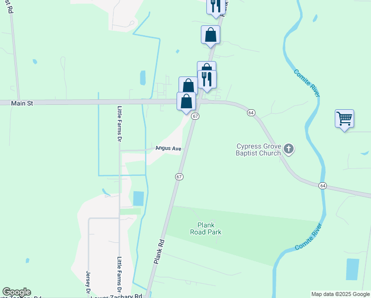 map of restaurants, bars, coffee shops, grocery stores, and more near 9560 Angus Avenue in Zachary