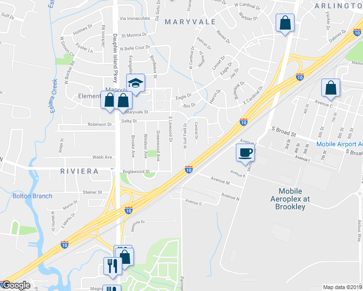 map of restaurants, bars, coffee shops, grocery stores, and more near 1360 West Gulf Field Drive in Mobile