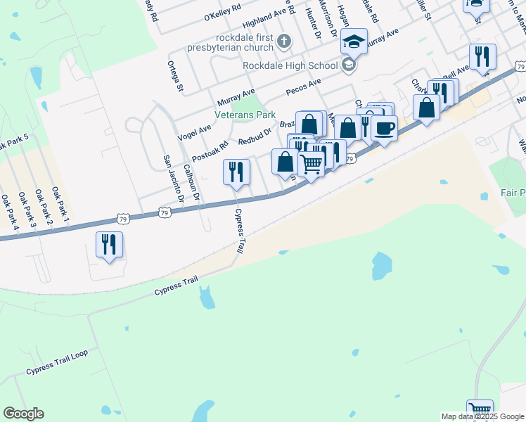 map of restaurants, bars, coffee shops, grocery stores, and more near 1819 West Cameron Avenue in Rockdale