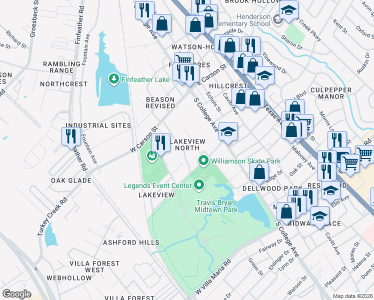 map of restaurants, bars, coffee shops, grocery stores, and more near 2307 Truman Street in Bryan