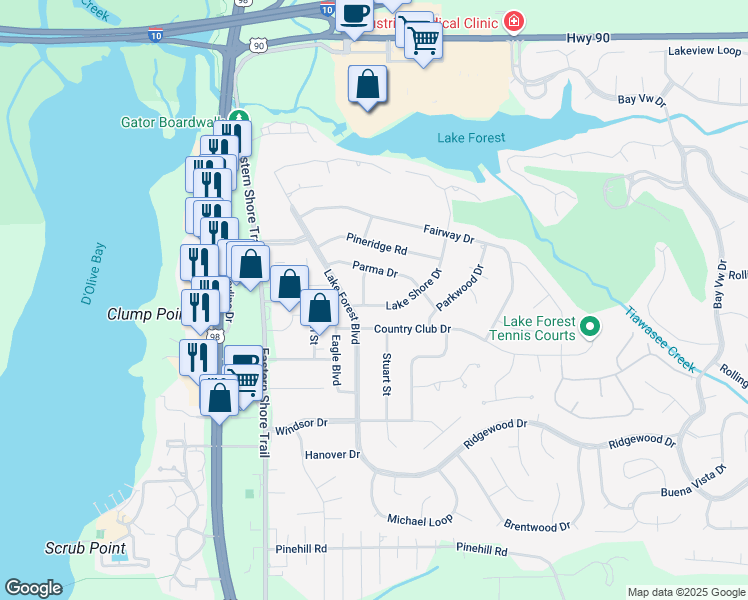 map of restaurants, bars, coffee shops, grocery stores, and more near 200 Parma Drive in Daphne