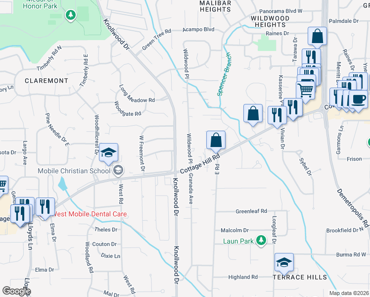 map of restaurants, bars, coffee shops, grocery stores, and more near 2124 Wildwood Place in Mobile