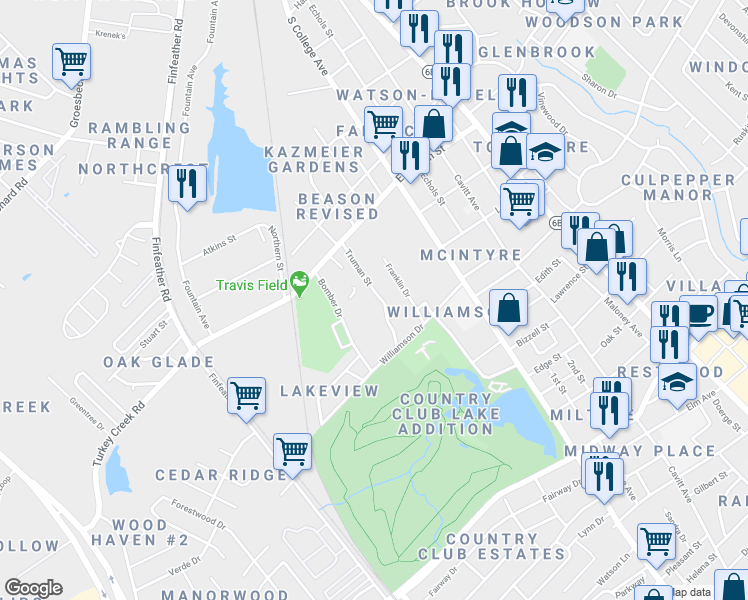 map of restaurants, bars, coffee shops, grocery stores, and more near 2216 Truman Street in Bryan