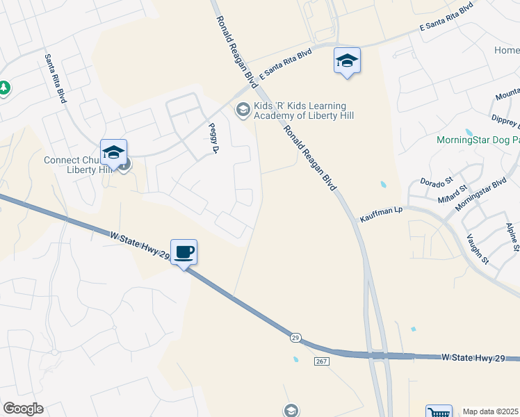 map of restaurants, bars, coffee shops, grocery stores, and more near Ronald Reagan Boulevard in Georgetown