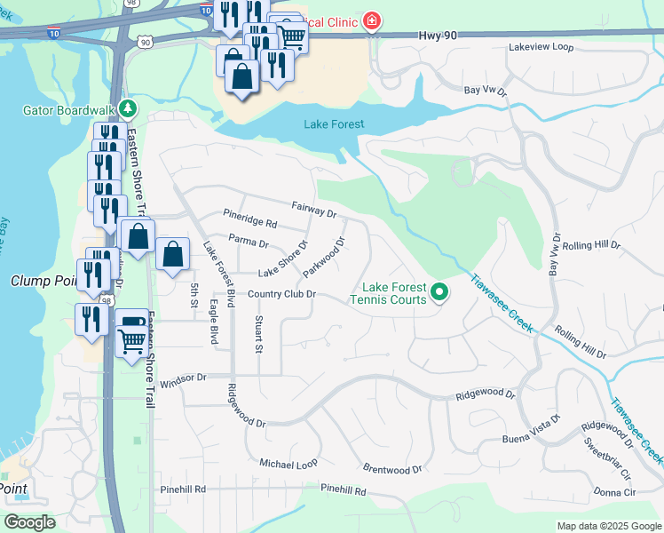 map of restaurants, bars, coffee shops, grocery stores, and more near 109 Myrna Circle in Daphne
