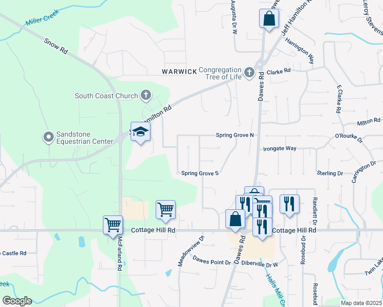 map of restaurants, bars, coffee shops, grocery stores, and more near 2213 Seasons Court in Mobile