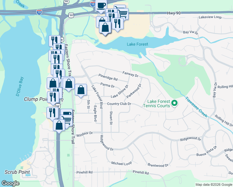 map of restaurants, bars, coffee shops, grocery stores, and more near 200 Parma Drive in Daphne
