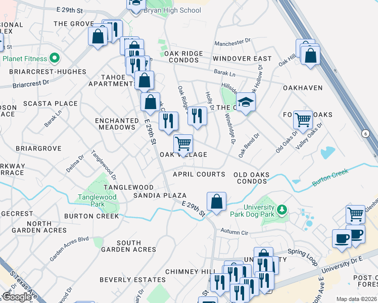 map of restaurants, bars, coffee shops, grocery stores, and more near 4412 Carter Creek Parkway in Bryan