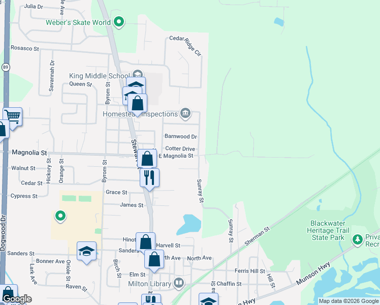 map of restaurants, bars, coffee shops, grocery stores, and more near 5824 Sunray Street in Milton