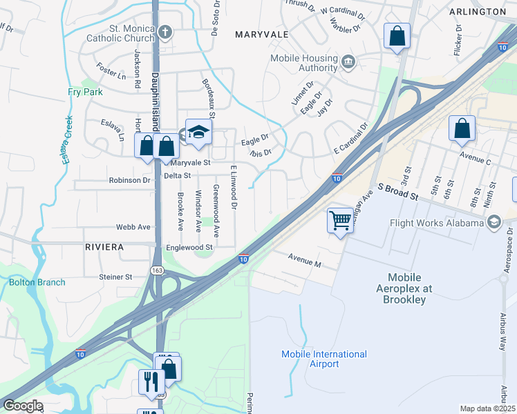 map of restaurants, bars, coffee shops, grocery stores, and more near 1365 West Gulf Field Drive in Mobile