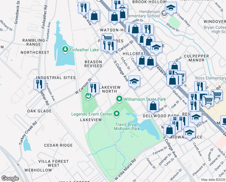 map of restaurants, bars, coffee shops, grocery stores, and more near 2302 Franklin Drive in Bryan
