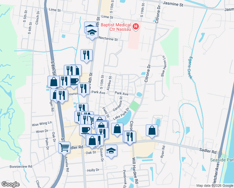 map of restaurants, bars, coffee shops, grocery stores, and more near 1886 Carnation Street in Fernandina Beach