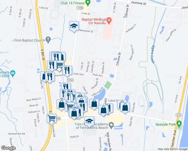map of restaurants, bars, coffee shops, grocery stores, and more near 1850 Carnation Street in Fernandina Beach
