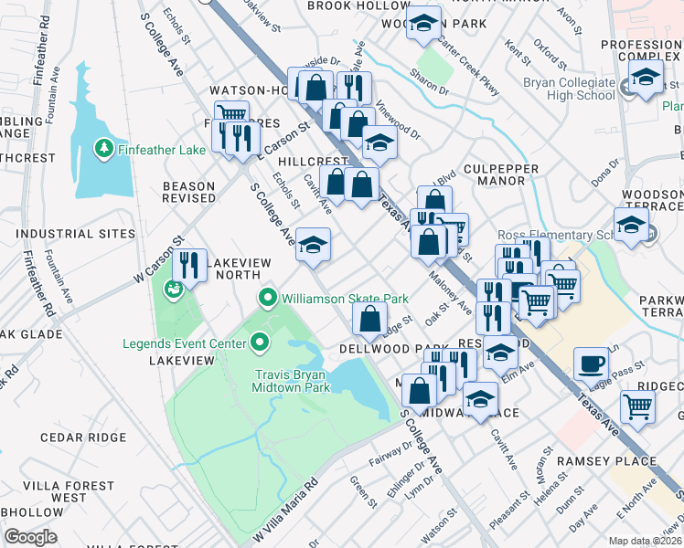 map of restaurants, bars, coffee shops, grocery stores, and more near 106 Waverly Drive in Bryan
