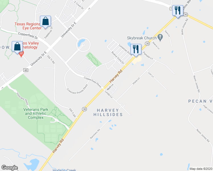 map of restaurants, bars, coffee shops, grocery stores, and more near 3901 Harvey Road in College Station