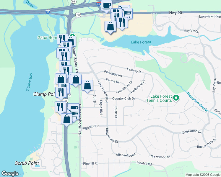 map of restaurants, bars, coffee shops, grocery stores, and more near 126 Lake Shore Drive in Daphne