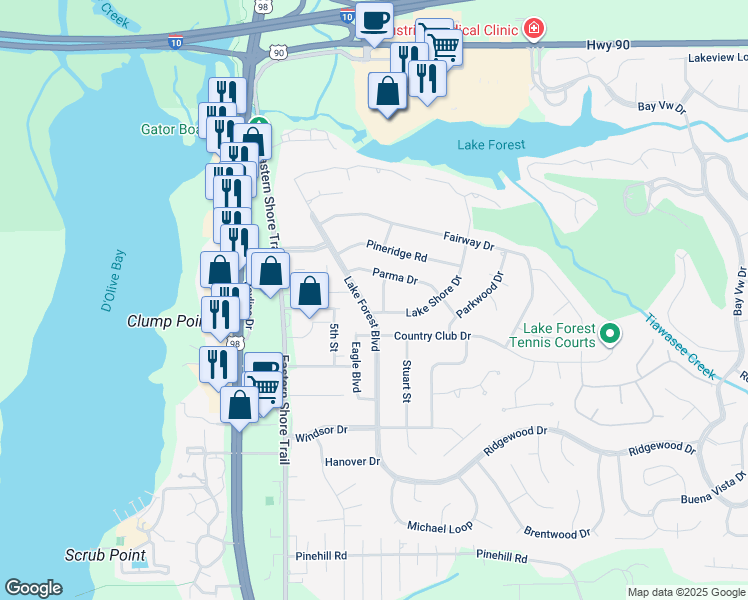map of restaurants, bars, coffee shops, grocery stores, and more near 135 Country Club Drive in Daphne
