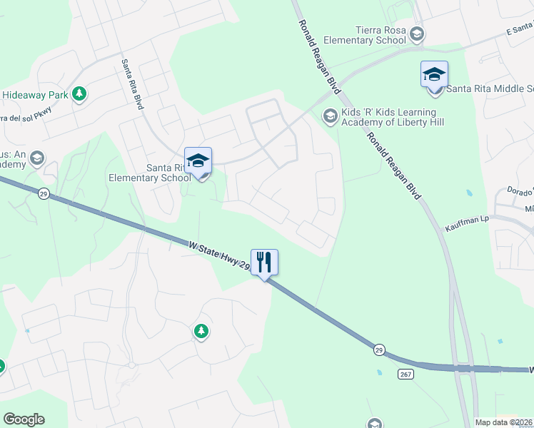map of restaurants, bars, coffee shops, grocery stores, and more near 336 Vista Portola Loop in Liberty Hill