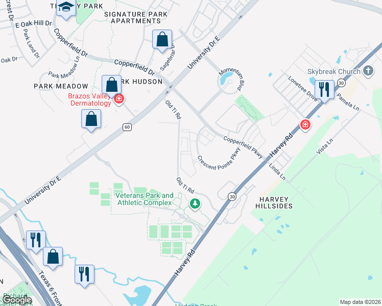 map of restaurants, bars, coffee shops, grocery stores, and more near 1550 Crescent Pointe Parkway in College Station