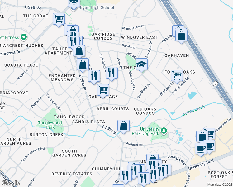 map of restaurants, bars, coffee shops, grocery stores, and more near 4444 Carter Creek Parkway in Bryan