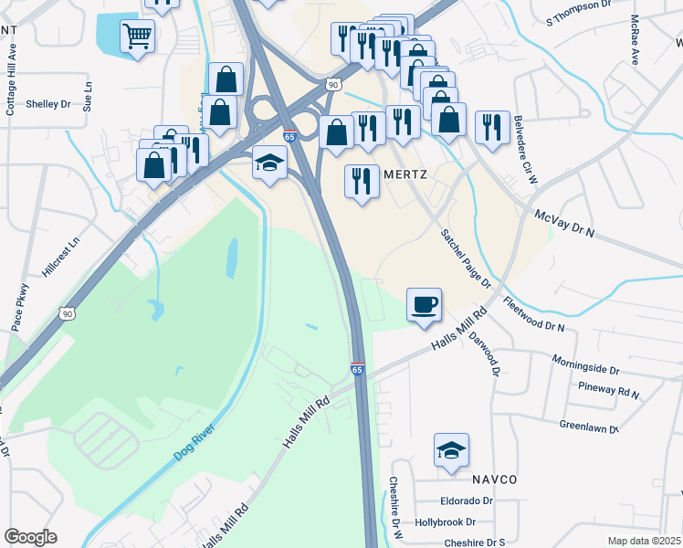 map of restaurants, bars, coffee shops, grocery stores, and more near Interstate 65 in Mobile