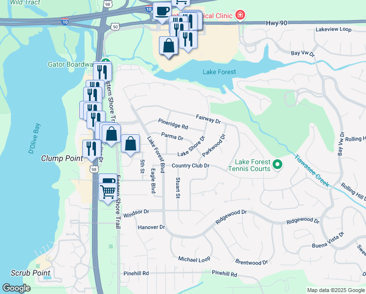 map of restaurants, bars, coffee shops, grocery stores, and more near 100 Tower Drive in Daphne