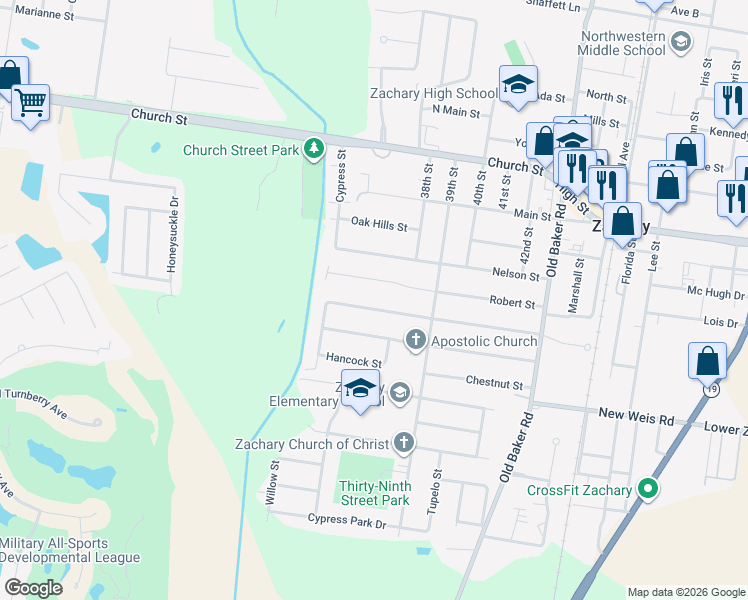 map of restaurants, bars, coffee shops, grocery stores, and more near 3646 Robert Street in Zachary