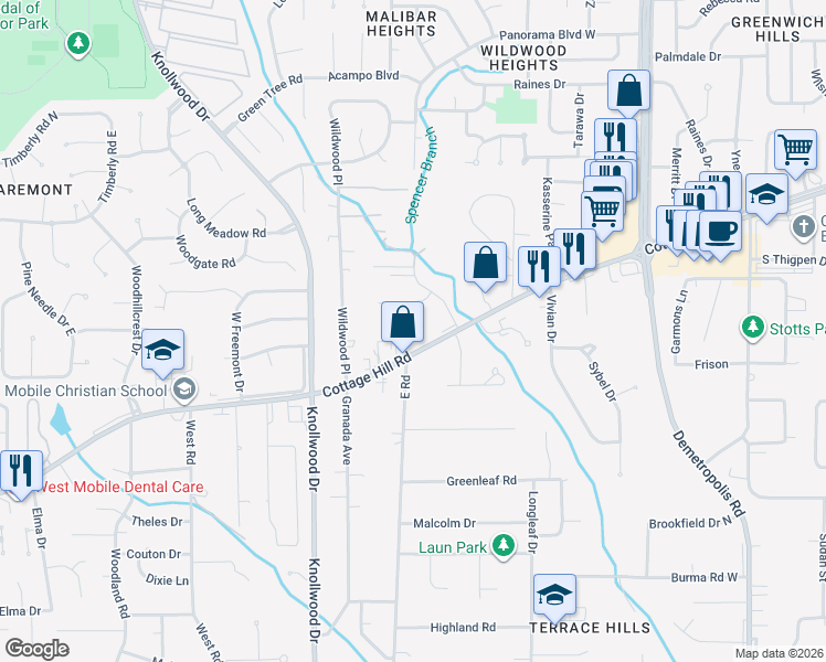 map of restaurants, bars, coffee shops, grocery stores, and more near 5623 Bentley Lane in Mobile