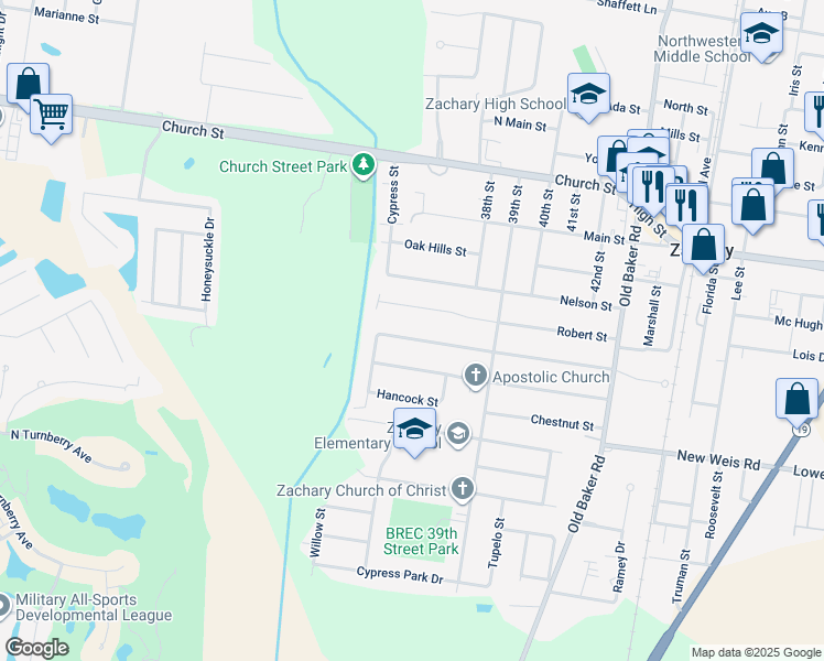 map of restaurants, bars, coffee shops, grocery stores, and more near 3543 Cherry Street in Zachary
