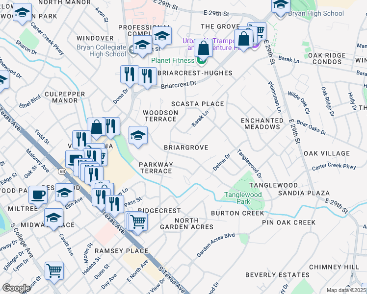 map of restaurants, bars, coffee shops, grocery stores, and more near 3508 Midwest Drive in Bryan