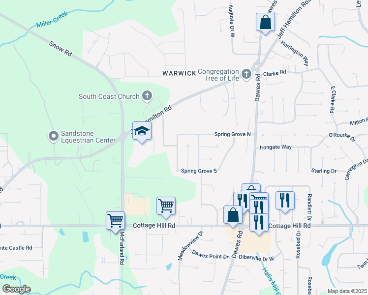 map of restaurants, bars, coffee shops, grocery stores, and more near 2166 Seasons Court in Mobile