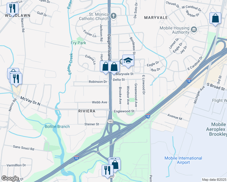 map of restaurants, bars, coffee shops, grocery stores, and more near 1315 Dauphin Island Parkway in Mobile