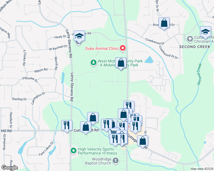 map of restaurants, bars, coffee shops, grocery stores, and more near 7924-7946 Candlewood Dr in Mobile