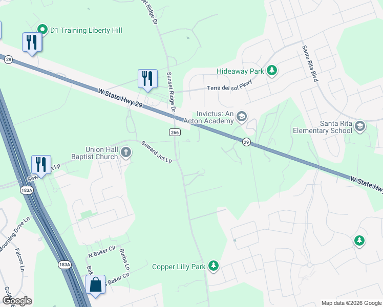 map of restaurants, bars, coffee shops, grocery stores, and more near 201 County Road 266 in Georgetown