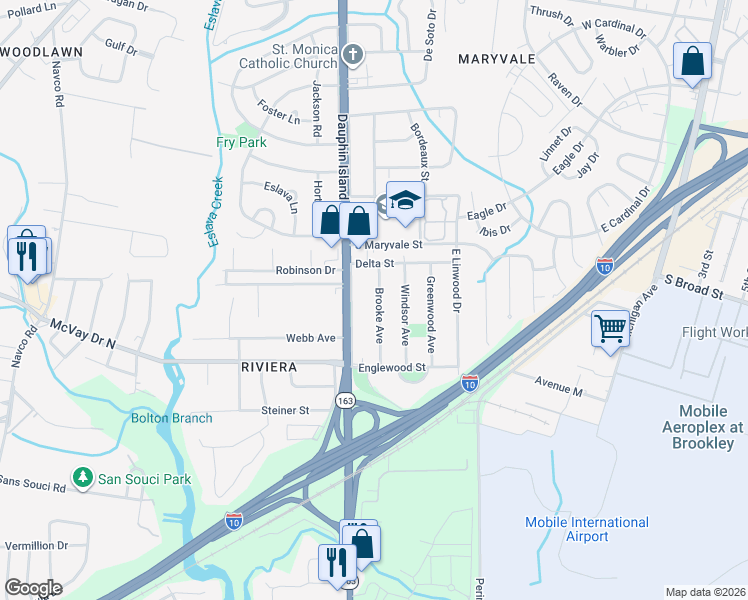 map of restaurants, bars, coffee shops, grocery stores, and more near 1309 Brooke Avenue in Mobile
