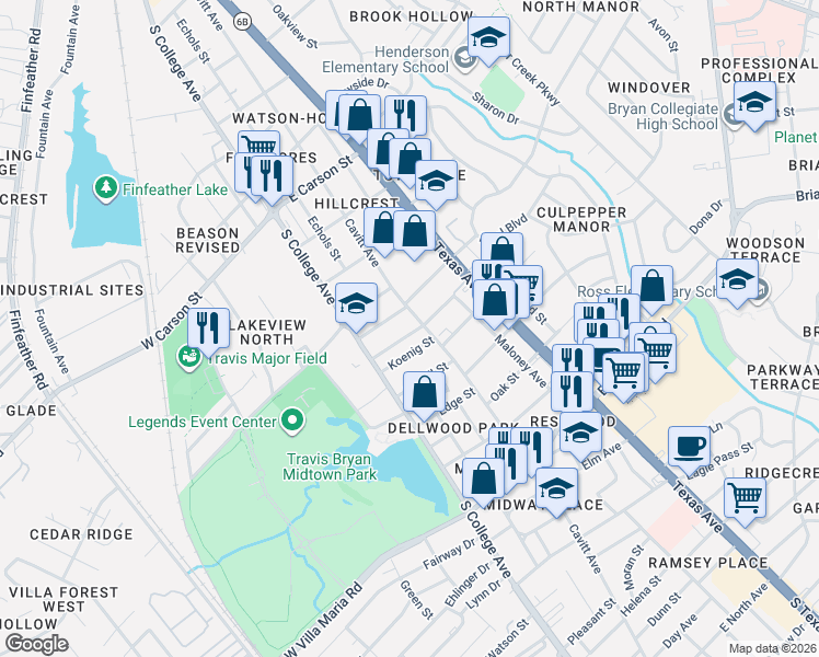 map of restaurants, bars, coffee shops, grocery stores, and more near 301 Post Office Street in Bryan