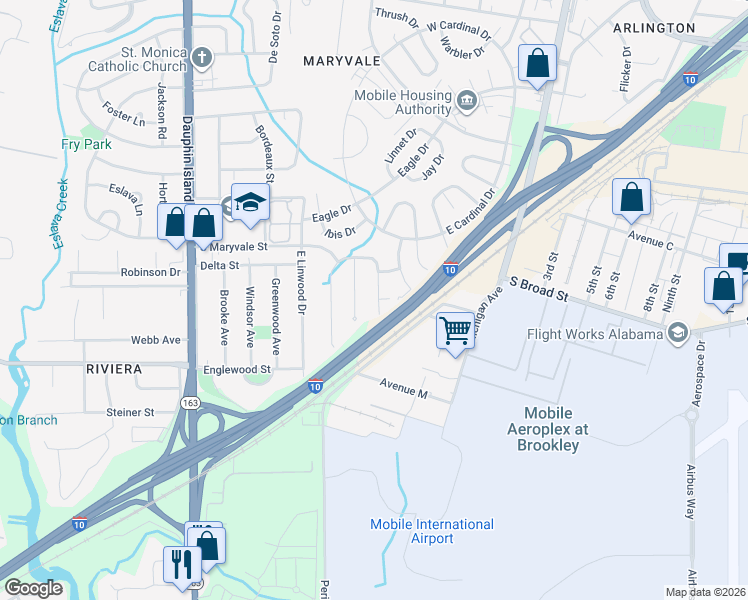 map of restaurants, bars, coffee shops, grocery stores, and more near 1312 East Gulf Field Drive in Mobile