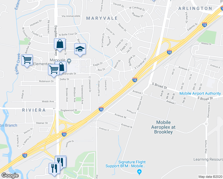 map of restaurants, bars, coffee shops, grocery stores, and more near 1352 East Gulf Field Drive in Mobile